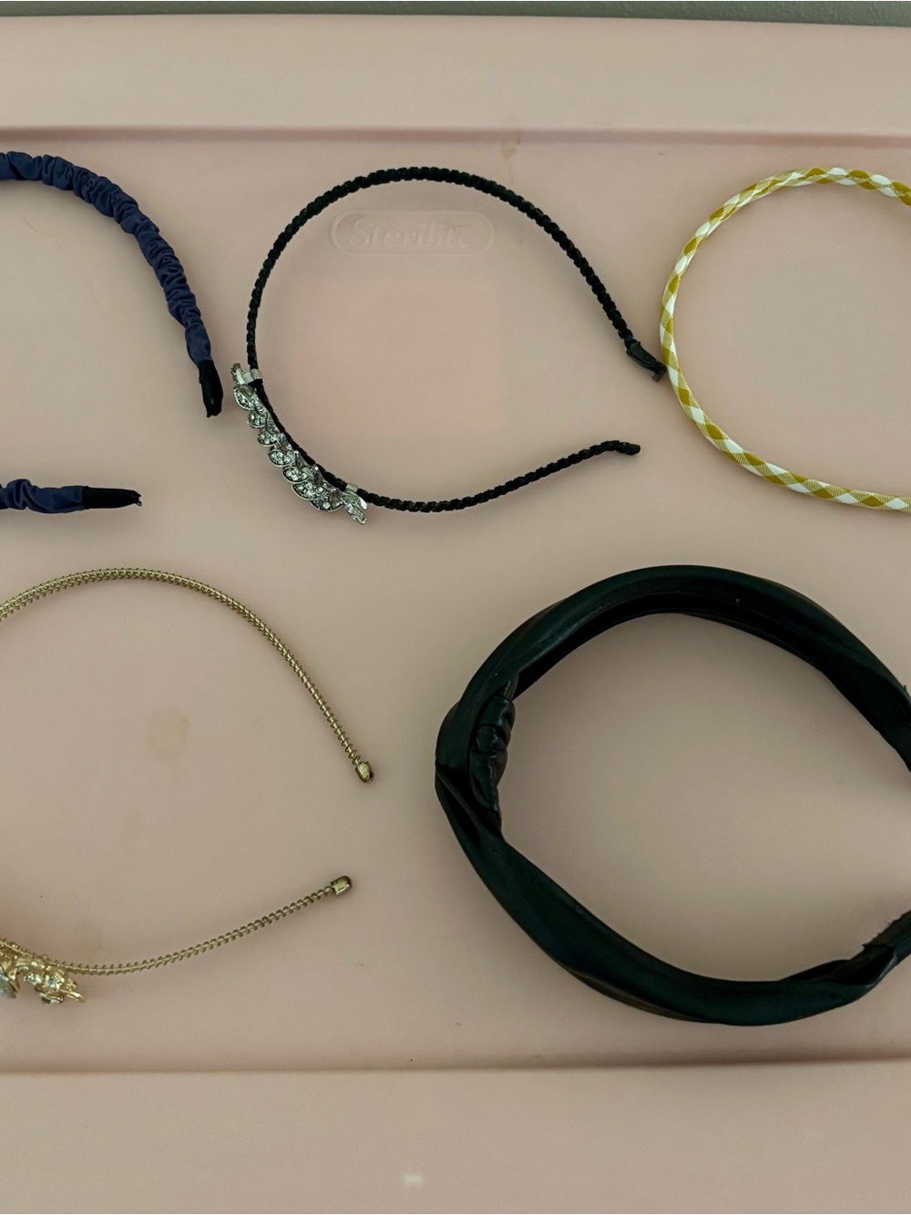 5 Headbands: Black Knotted “Leather”, Gold with Accent, Black with Accent, Navy